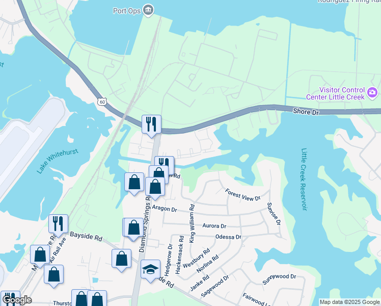 map of restaurants, bars, coffee shops, grocery stores, and more near 2024 Killarney Court in Virginia Beach