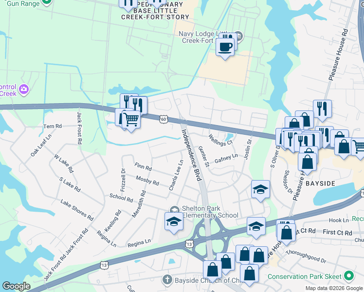 map of restaurants, bars, coffee shops, grocery stores, and more near 5001 Newsome Circle in Virginia Beach