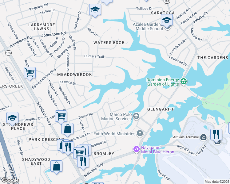 map of restaurants, bars, coffee shops, grocery stores, and more near 6479 Kenlake Court in Norfolk