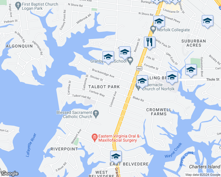 map of restaurants, bars, coffee shops, grocery stores, and more near 206 Oak Grove Road in Norfolk