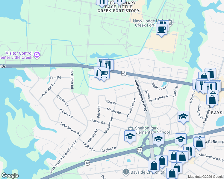 map of restaurants, bars, coffee shops, grocery stores, and more near 2009 Meredith Road in Virginia Beach