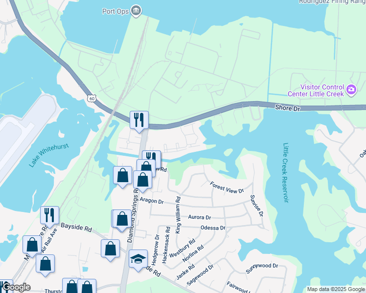 map of restaurants, bars, coffee shops, grocery stores, and more near 5500 Shore Drive in Virginia Beach