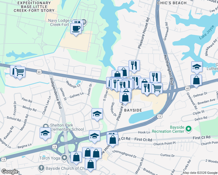map of restaurants, bars, coffee shops, grocery stores, and more near 4865 Shore Drive in Virginia Beach