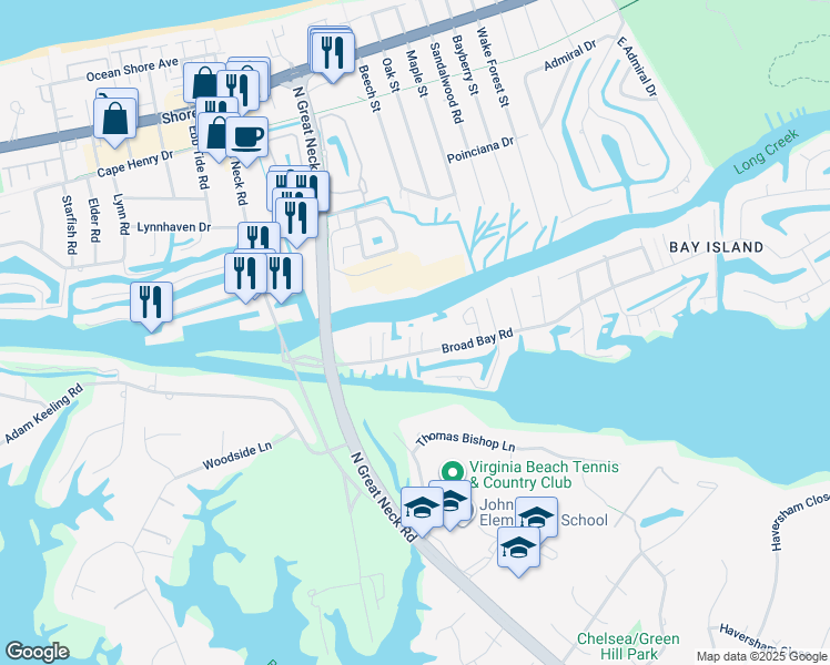 map of restaurants, bars, coffee shops, grocery stores, and more near 2766 Broad Bay Road in Virginia Beach
