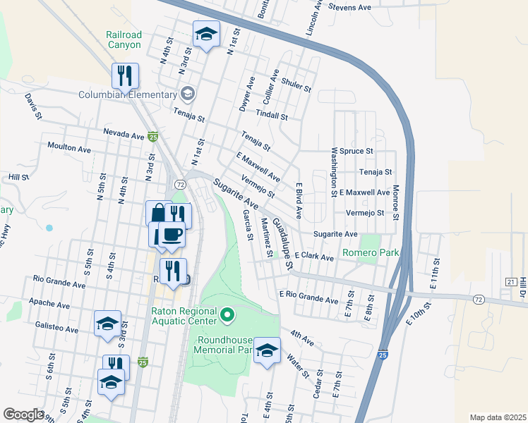 map of restaurants, bars, coffee shops, grocery stores, and more near 14 Martinez Street in Raton