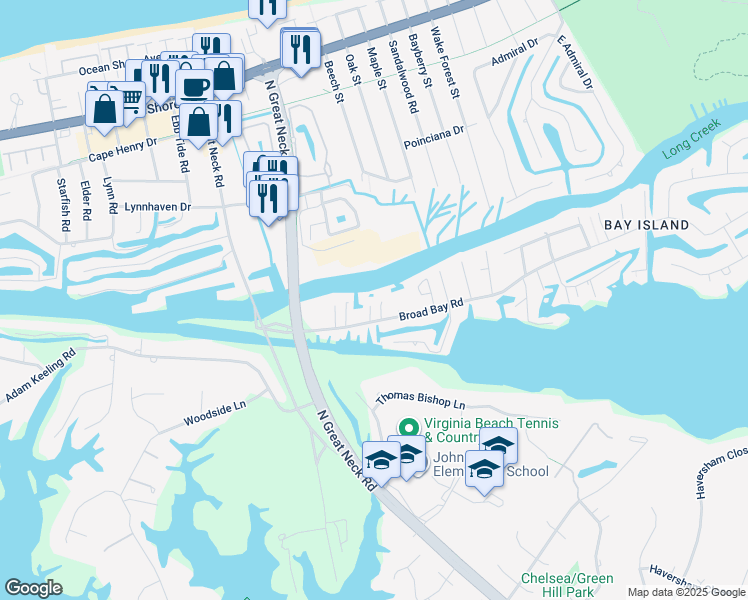 map of restaurants, bars, coffee shops, grocery stores, and more near 2766 Broad Bay Road in Virginia Beach