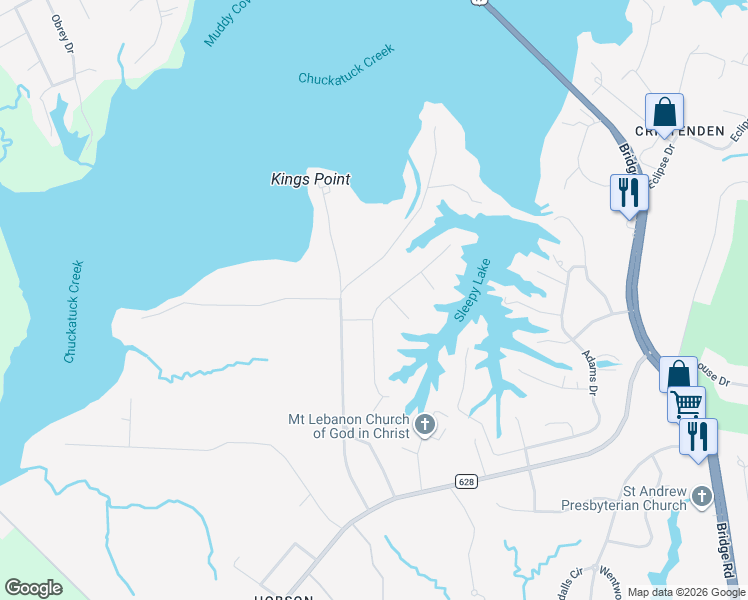 map of restaurants, bars, coffee shops, grocery stores, and more near 1609 West Adams Drive in Suffolk