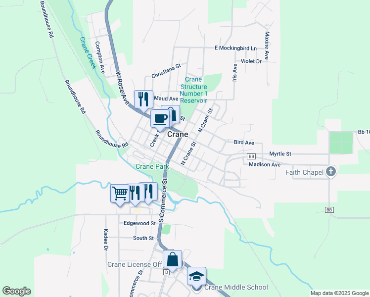 map of restaurants, bars, coffee shops, grocery stores, and more near 104 E Meadow Ave in Crane