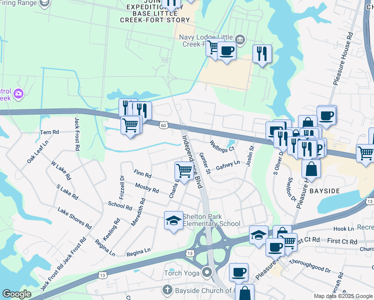 map of restaurants, bars, coffee shops, grocery stores, and more near 2017 Independence Boulevard in Virginia Beach