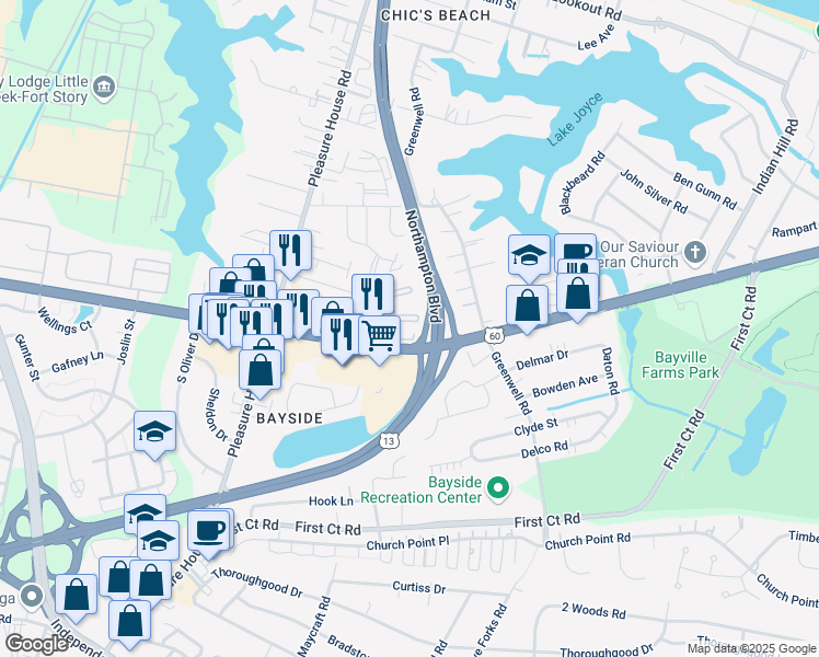 map of restaurants, bars, coffee shops, grocery stores, and more near 4605 Downeast Court in Virginia Beach