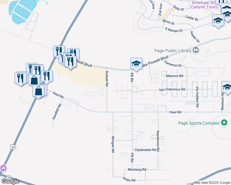 map of restaurants, bars, coffee shops, grocery stores, and more near 116 Hawk Court in Page