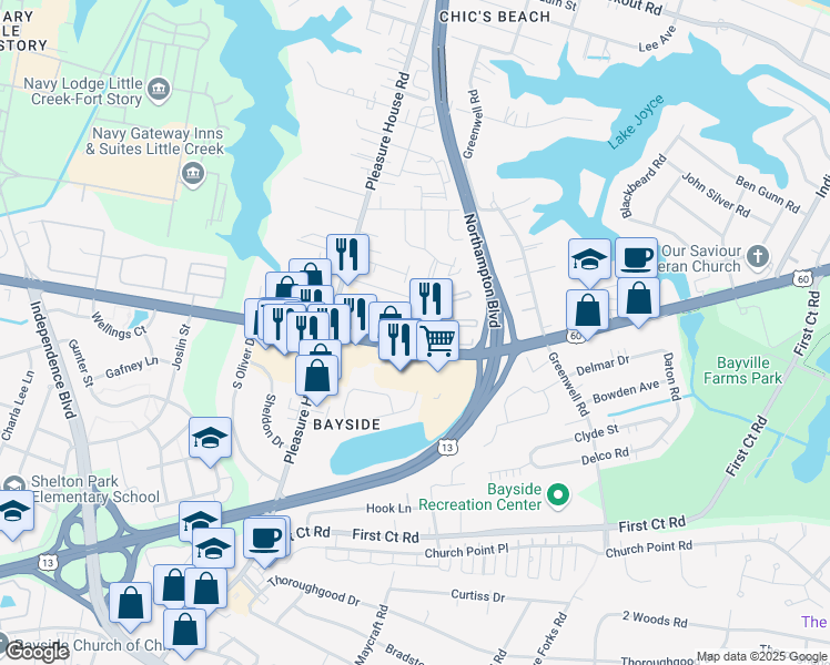 map of restaurants, bars, coffee shops, grocery stores, and more near 2215 Westsail Lane in Virginia Beach