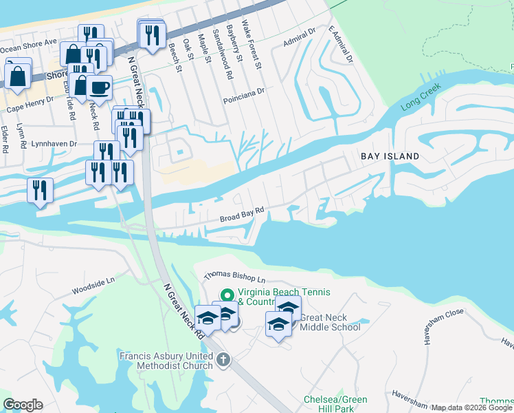 map of restaurants, bars, coffee shops, grocery stores, and more near 2712 Broad Bay Road in Virginia Beach