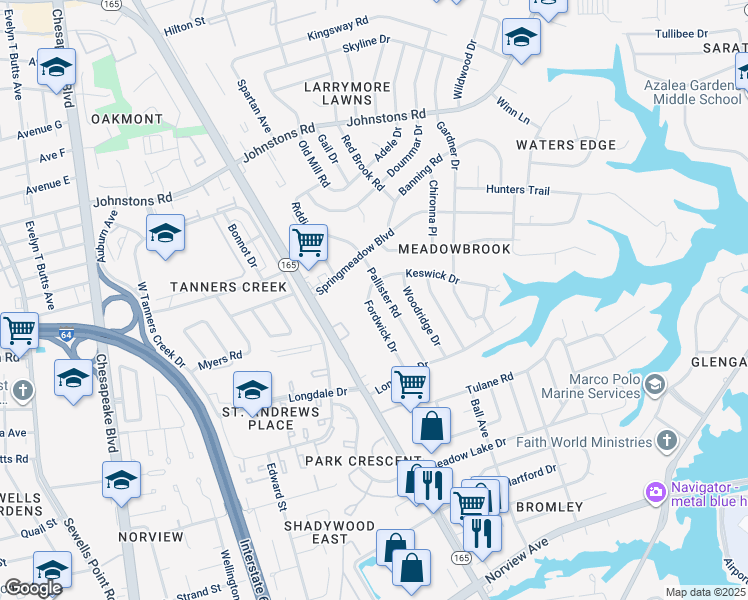map of restaurants, bars, coffee shops, grocery stores, and more near 6851 Fordwick Drive in Norfolk