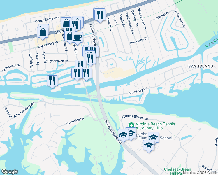 map of restaurants, bars, coffee shops, grocery stores, and more near 2016 Bay Island Quay in Virginia Beach