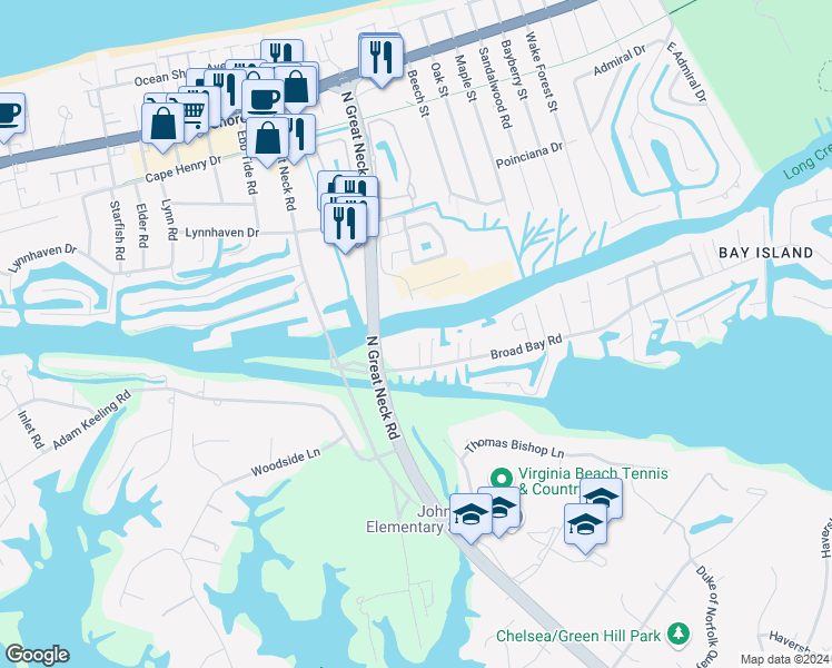 map of restaurants, bars, coffee shops, grocery stores, and more near 2016 Bay Island Quay in Virginia Beach