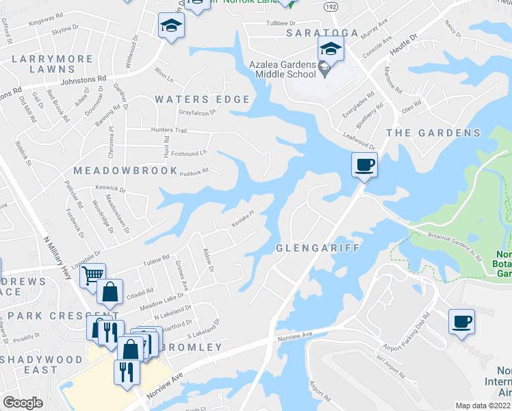 map of restaurants, bars, coffee shops, grocery stores, and more near 2090 Kenlake Place in Norfolk