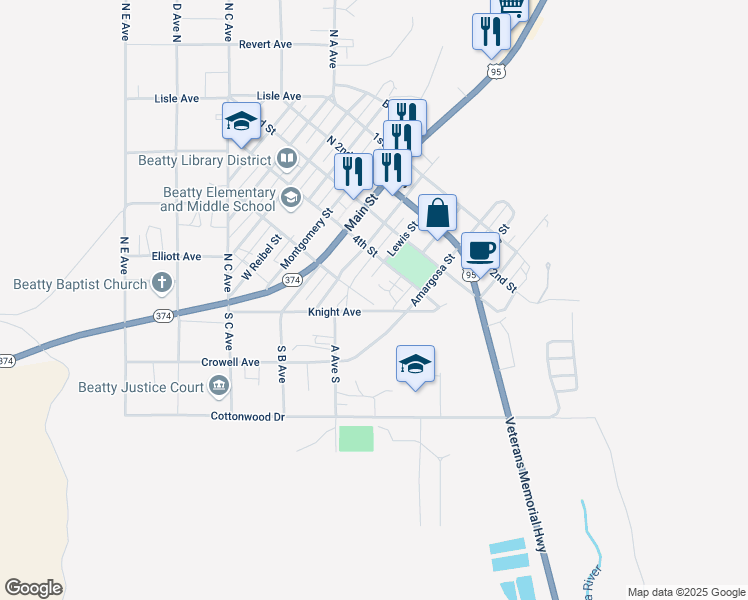 map of restaurants, bars, coffee shops, grocery stores, and more near 430 Mc Donald Street in Beatty