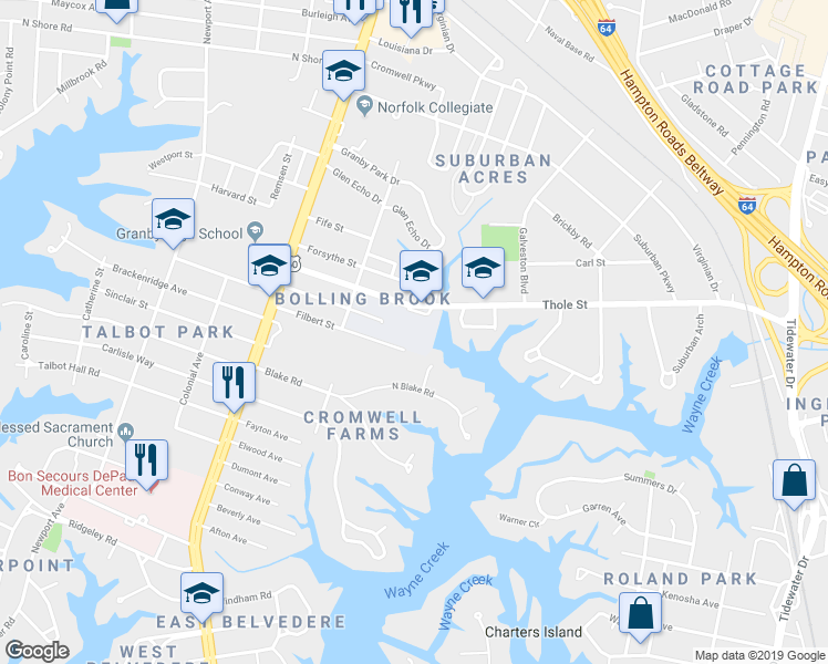 map of restaurants, bars, coffee shops, grocery stores, and more near 255 Thole Street in Norfolk