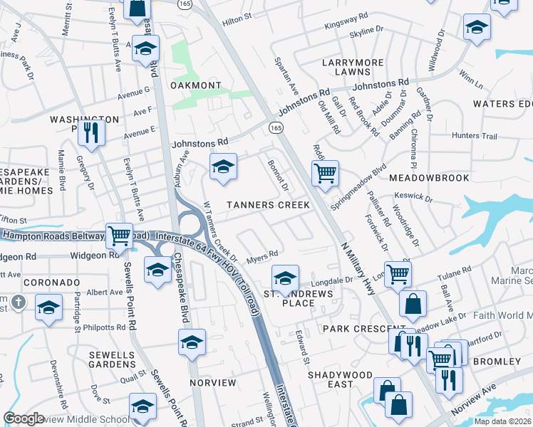 map of restaurants, bars, coffee shops, grocery stores, and more near 6854 Orangewood Avenue in Norfolk