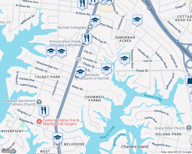 map of restaurants, bars, coffee shops, grocery stores, and more near 220 Filbert Street in Norfolk