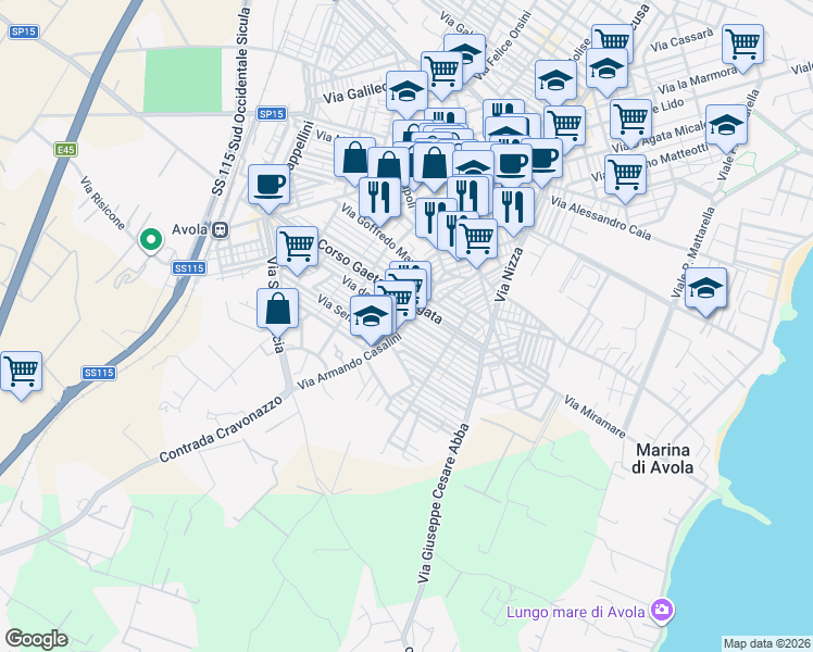 map of restaurants, bars, coffee shops, grocery stores, and more near 86A Via Edmondo de Amicis in Avola