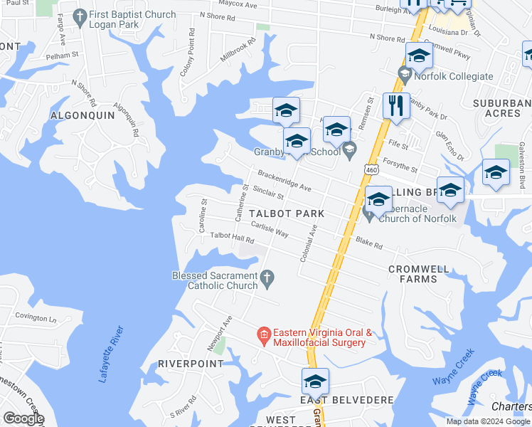 map of restaurants, bars, coffee shops, grocery stores, and more near 405 Oak Grove Road in Norfolk