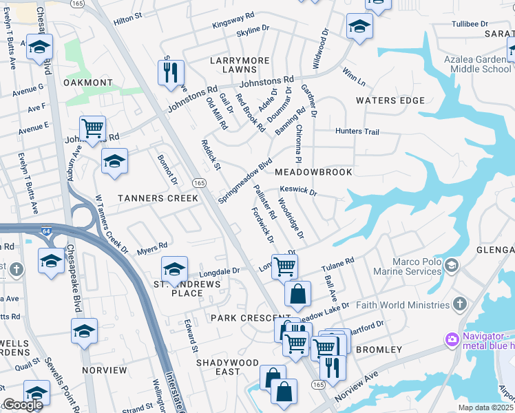 map of restaurants, bars, coffee shops, grocery stores, and more near 6851 Fordwick Drive in Norfolk