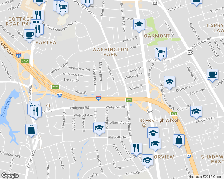 map of restaurants, bars, coffee shops, grocery stores, and more near 1029 Tifton Street in Norfolk