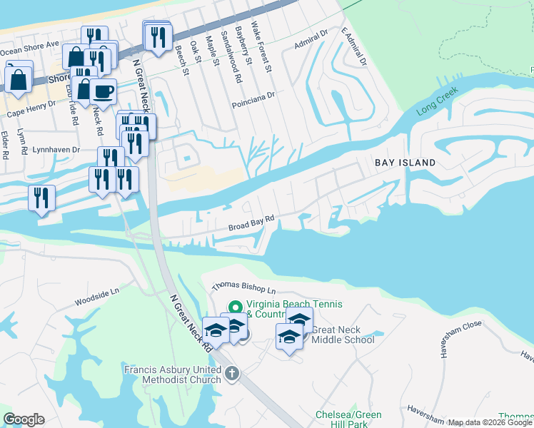 map of restaurants, bars, coffee shops, grocery stores, and more near 2712 Broad Bay Road in Virginia Beach