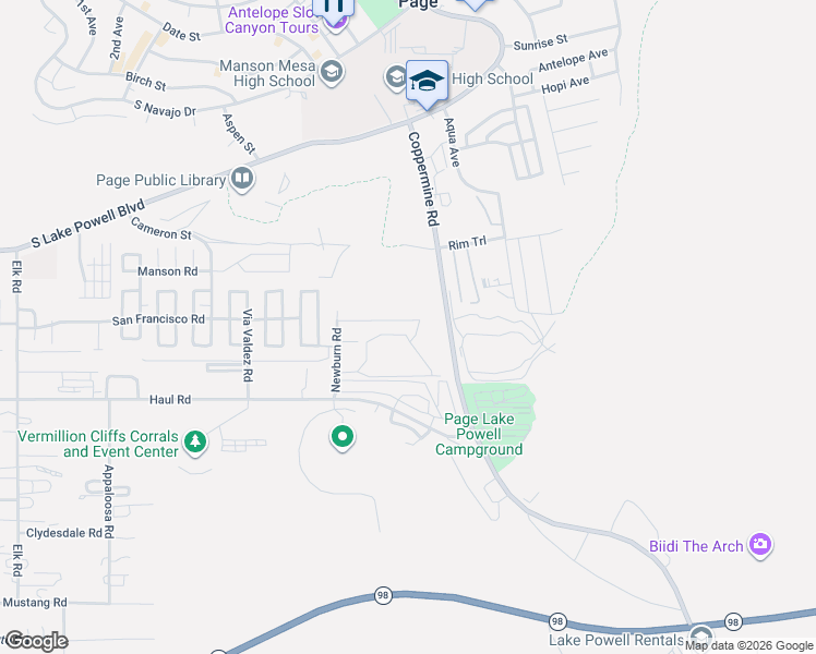 map of restaurants, bars, coffee shops, grocery stores, and more near 401 Stonecliff Drive in Page