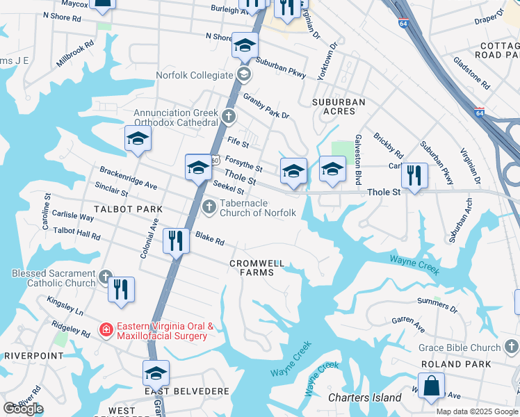 map of restaurants, bars, coffee shops, grocery stores, and more near 220 Filbert Street in Norfolk