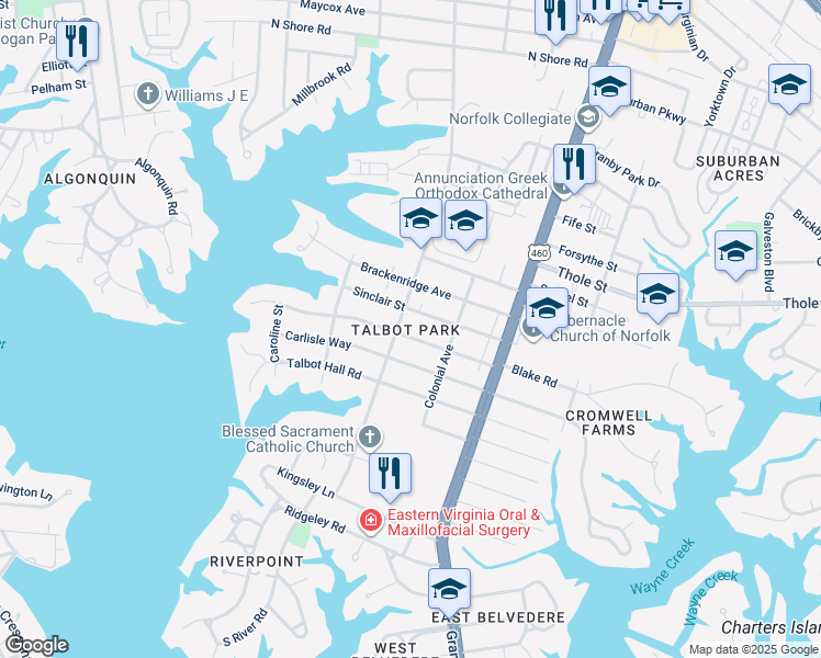 map of restaurants, bars, coffee shops, grocery stores, and more near 214 Oak Grove Road in Norfolk
