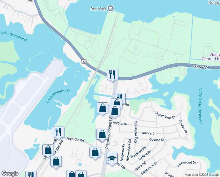 map of restaurants, bars, coffee shops, grocery stores, and more near 5721 Lenox Drive in Virginia Beach