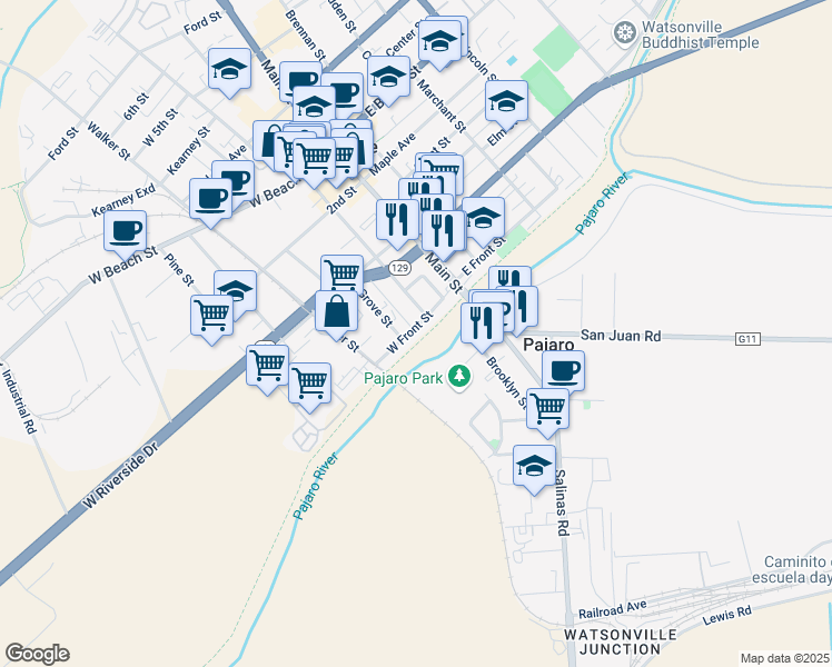map of restaurants, bars, coffee shops, grocery stores, and more near 20 West Front Street in Watsonville