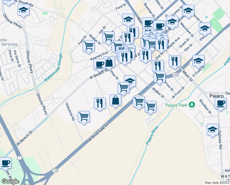 map of restaurants, bars, coffee shops, grocery stores, and more near 430 2nd Street in Watsonville