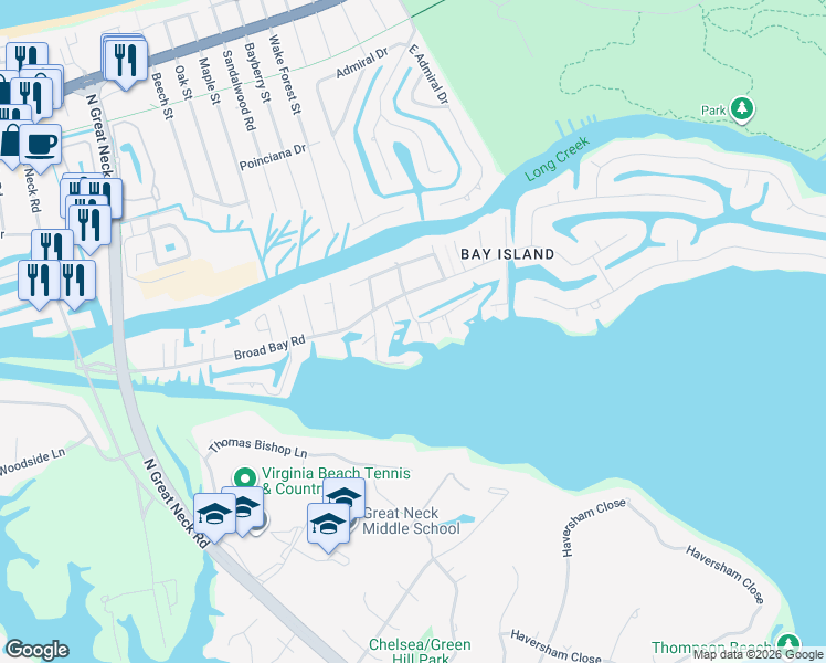 map of restaurants, bars, coffee shops, grocery stores, and more near 2009 Cove Road in Virginia Beach