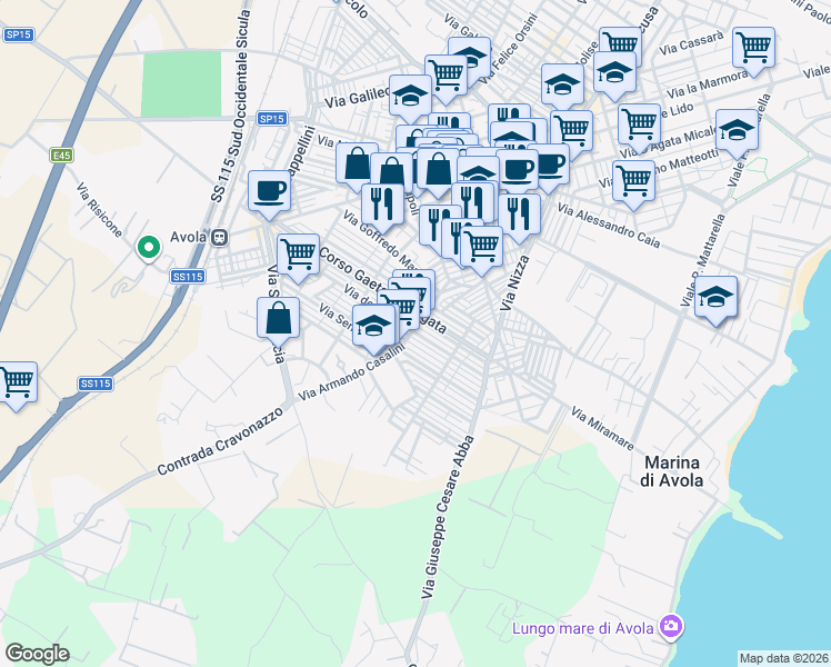 map of restaurants, bars, coffee shops, grocery stores, and more near 86A Via de Amicis in Avola
