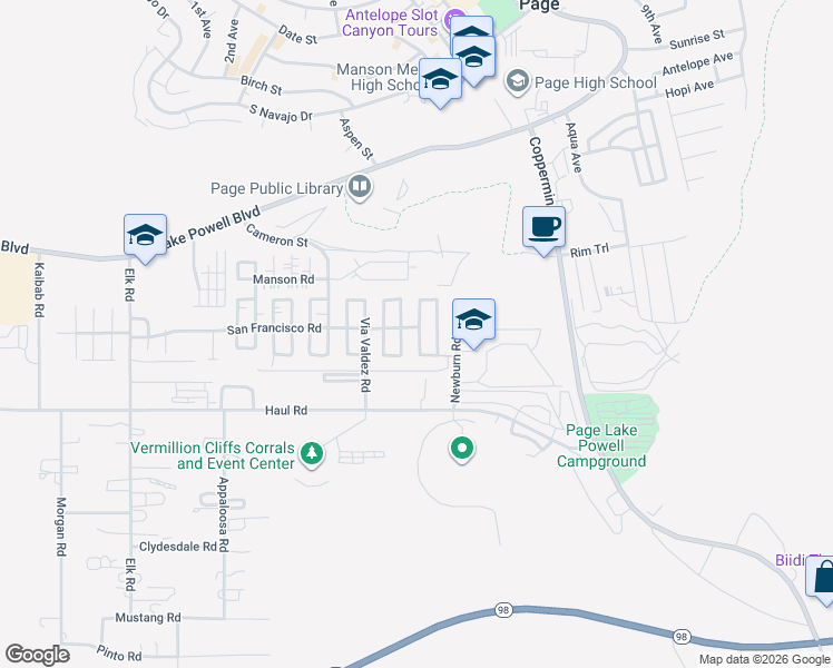 map of restaurants, bars, coffee shops, grocery stores, and more near 83 Maverick Street in Page