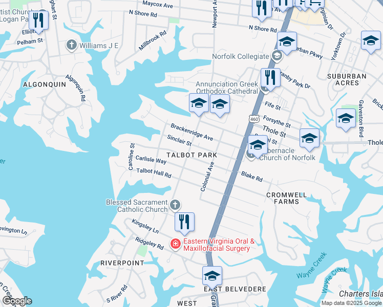 map of restaurants, bars, coffee shops, grocery stores, and more near 216 Oak Grove Road in Norfolk