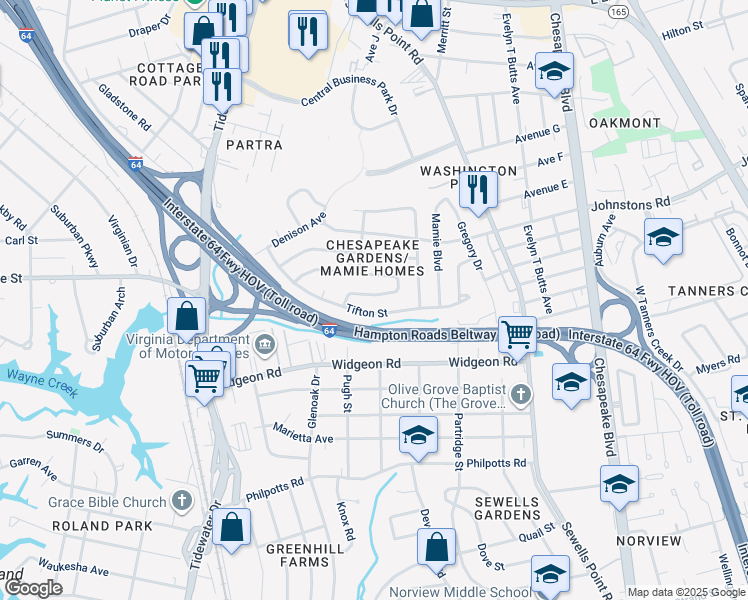 map of restaurants, bars, coffee shops, grocery stores, and more near 929 Spaulding Drive in Norfolk