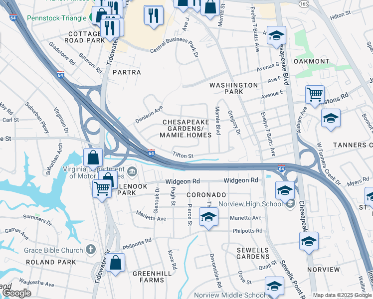 map of restaurants, bars, coffee shops, grocery stores, and more near 929 Spaulding Drive in Norfolk