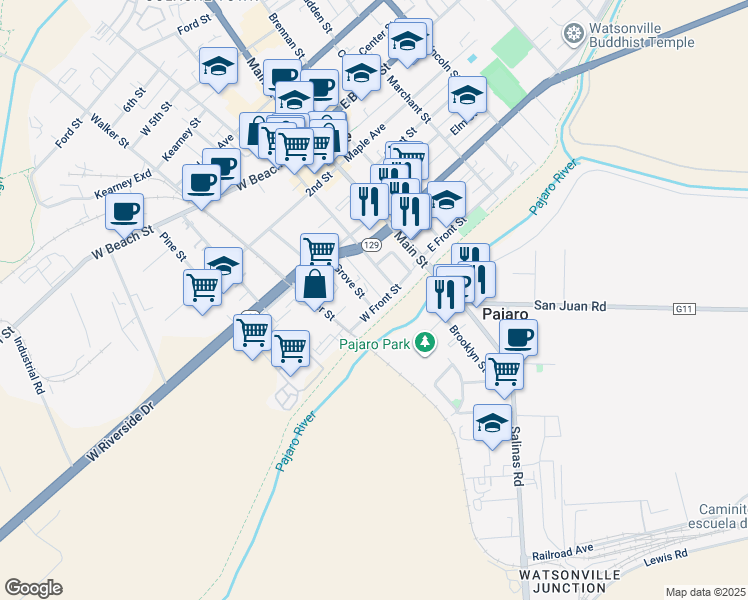 map of restaurants, bars, coffee shops, grocery stores, and more near 20 West Front Street in Watsonville