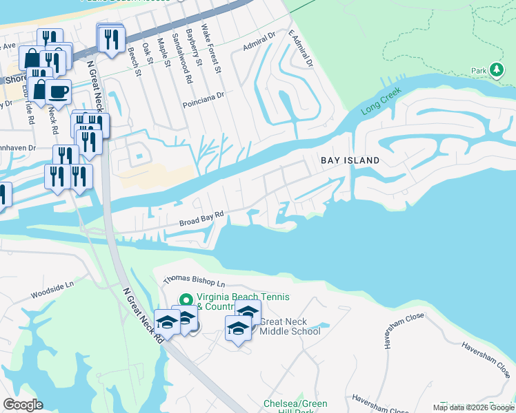 map of restaurants, bars, coffee shops, grocery stores, and more near 2617 Broad Bay Road in Virginia Beach