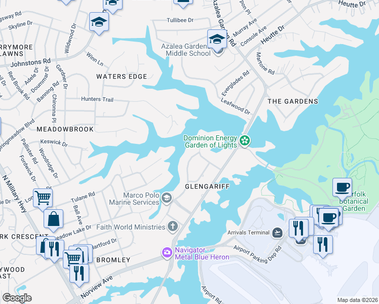 map of restaurants, bars, coffee shops, grocery stores, and more near 6480 Bridle Way in Norfolk