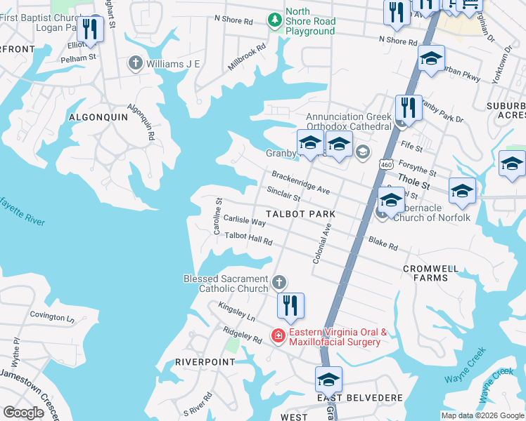 map of restaurants, bars, coffee shops, grocery stores, and more near 445 Oak Grove Road in Norfolk