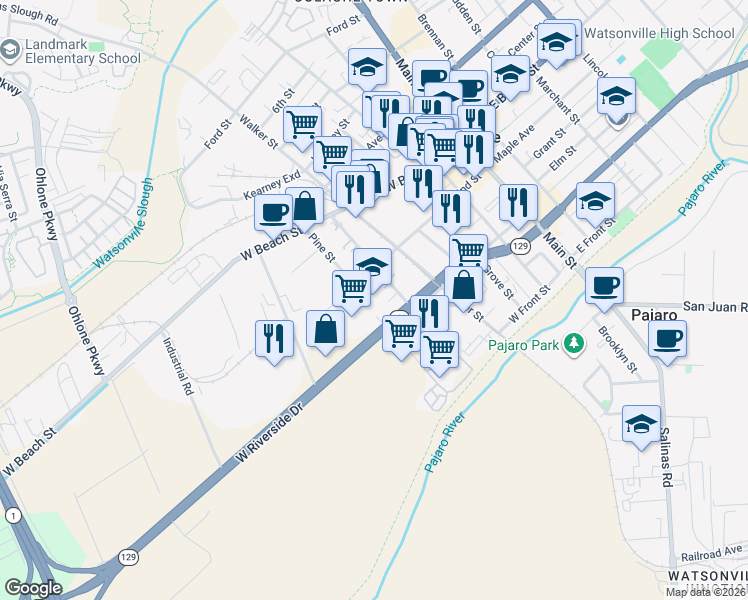 map of restaurants, bars, coffee shops, grocery stores, and more near 260 West Riverside Drive in Watsonville