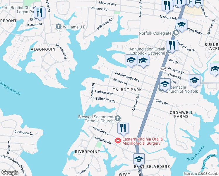 map of restaurants, bars, coffee shops, grocery stores, and more near 445 Oak Grove Road in Norfolk