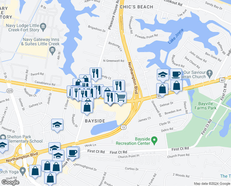 map of restaurants, bars, coffee shops, grocery stores, and more near 4607 Flicka Court in Virginia Beach