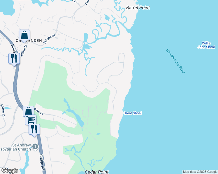 map of restaurants, bars, coffee shops, grocery stores, and more near 9104 River Crescent in Suffolk